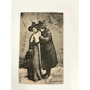 Victorian Couple Antique Postcard Raphael Tuck & Sons "Christmas" 1910 1c RPPC
